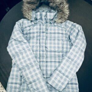Columbia Blue and Gray Plaid Winter Down Jacket Size M EUC